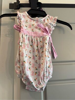 Classic Whimsy Pink Bunny & Carrot Print Baby Romper with Gingham Bow Accent